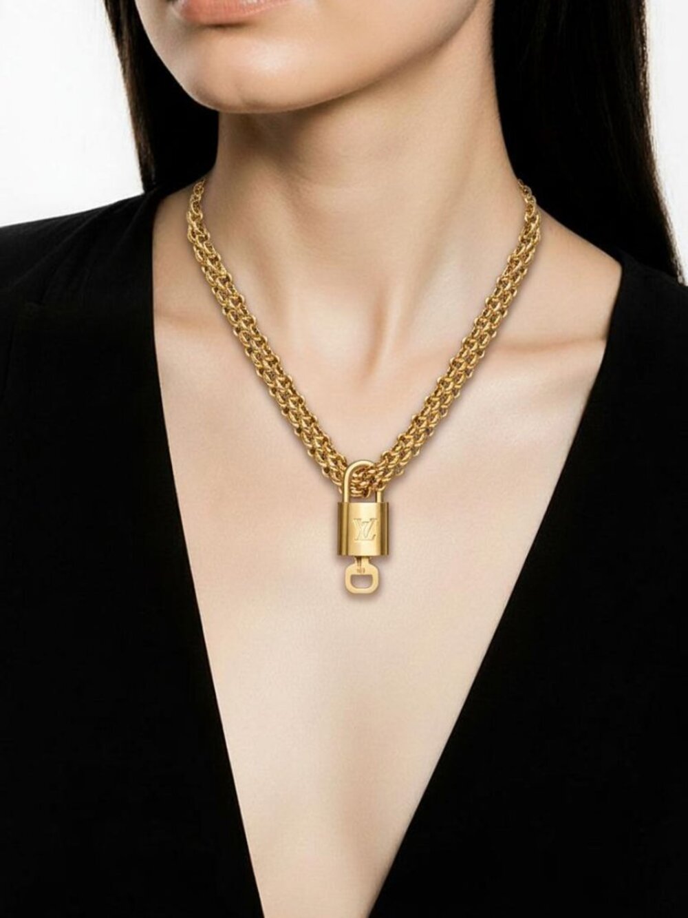 Authentic Louis Vuitton Gold Padlock w/ Unbranded Fashion Stainless Steel Chain